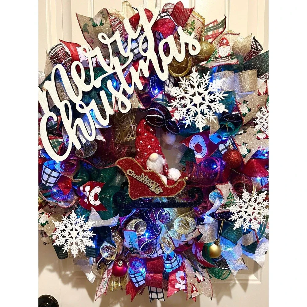 Handmade Christmas Gnome in Sleigh Holiday Ribbon Door Wreath 26 ins LED XLW2